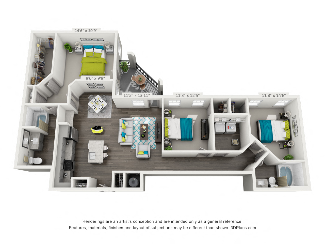 Floor plan for 3 beds, 2 baths, 1508 sqft